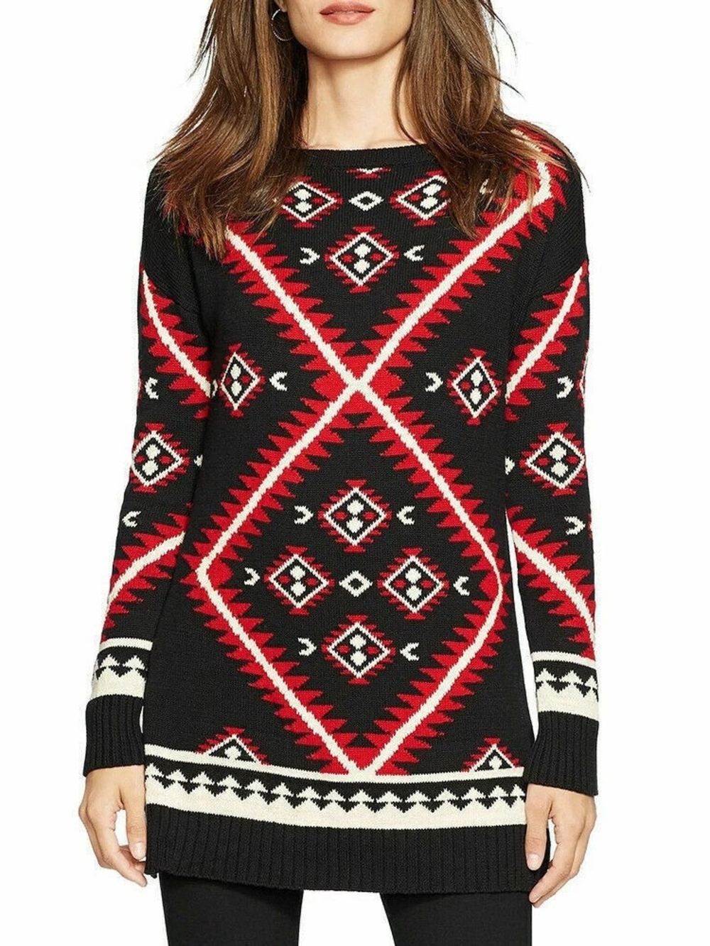 Ralph Lauren Black Aztec-Pattern Tunic Sweater w/ Red Accents Long Sleeves- L